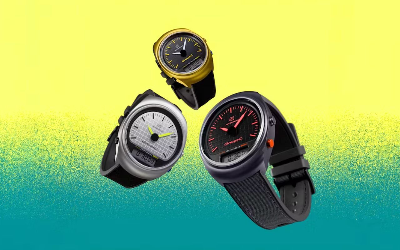 Cette montre Autodromo Group C Turbo Sport ana-digi cumule double fuseau, alarme et chrono 1/100ème dans un boîtier aluminium anodisé pour 400 euros