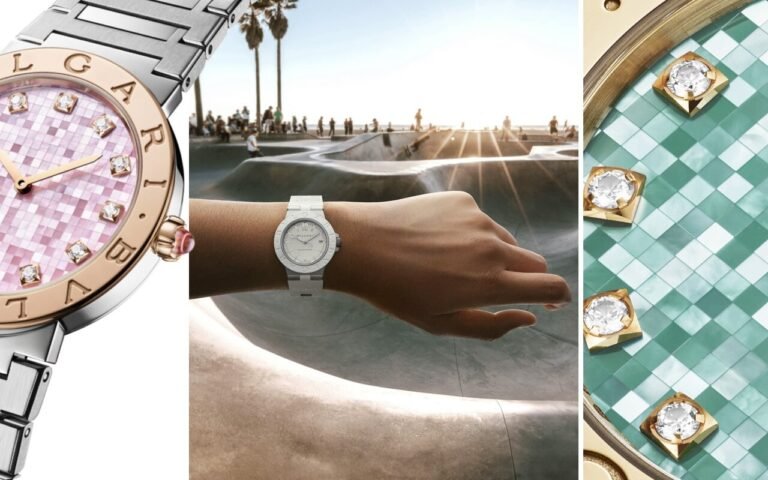 Quatre montres Bulgari pour l’été 2026 et deux matières qui dominent tout : couleurs glacées sur Aluminium, nacre en mosaïque sur Bvlgari Bvlgari
