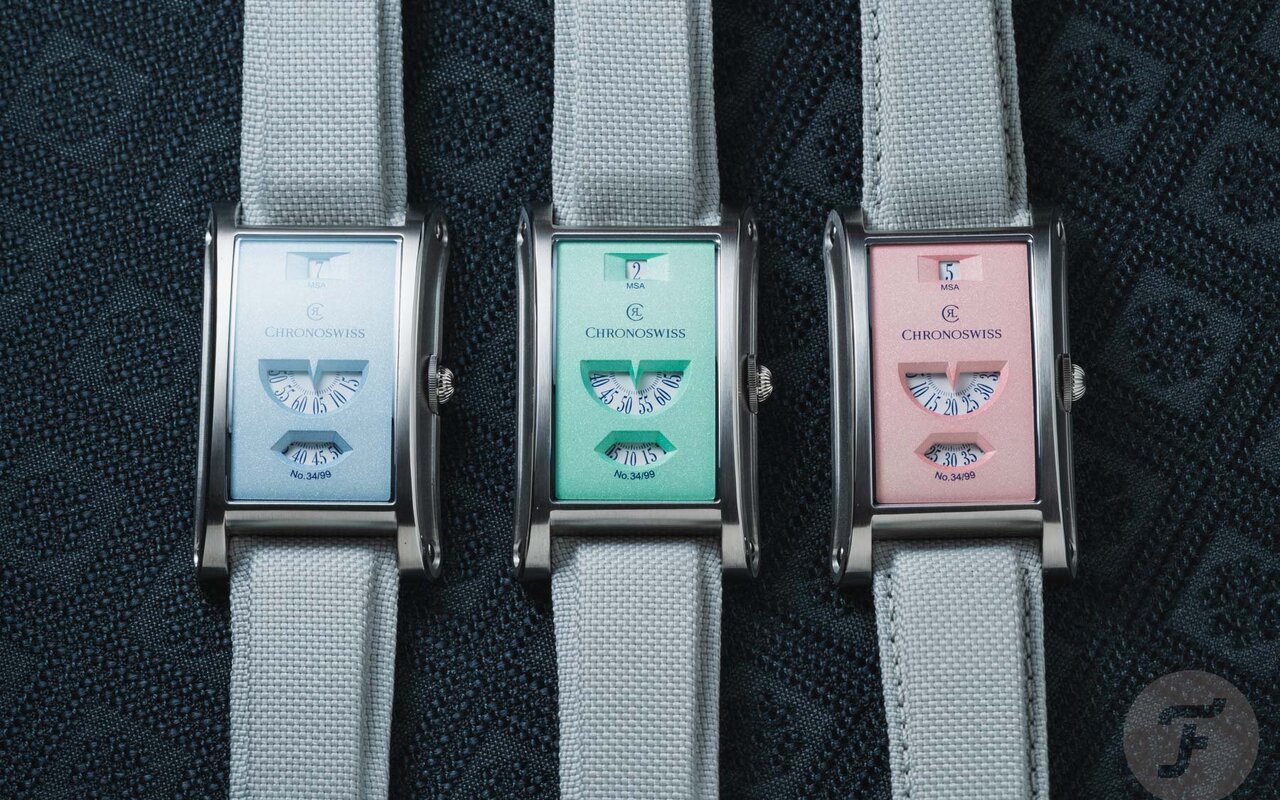La Chronoswiss Neo Digiteur Pastel Code abandonne aiguilles et cadran classique pour afficher l’heure en rose, menthe et bleu ciel
