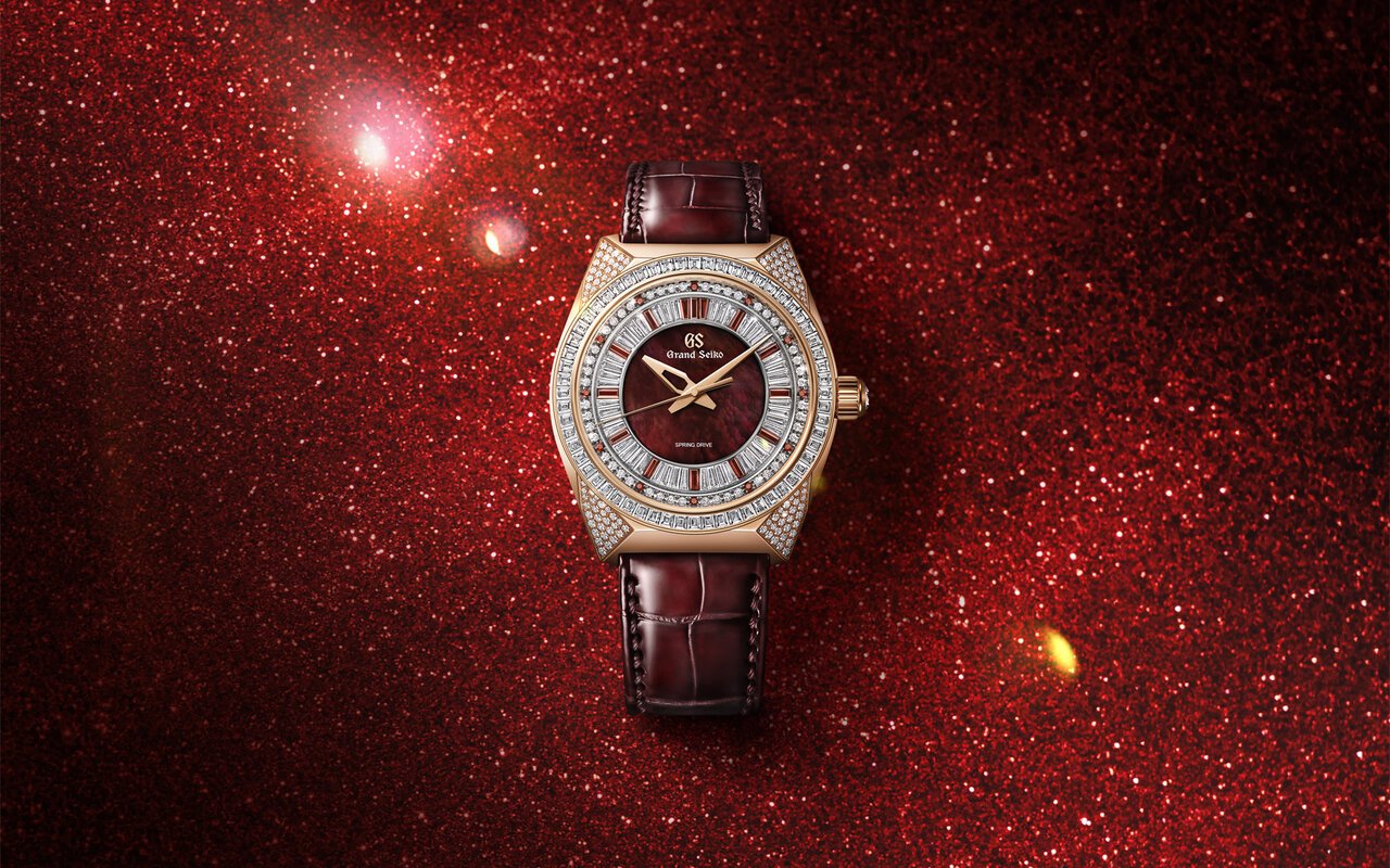 Montre Grand Seiko SBGD228 en or rose, lunette et cadran sertis de diamants et de grenats, cadran en nacre rouge vin, bracelet crocodile brun