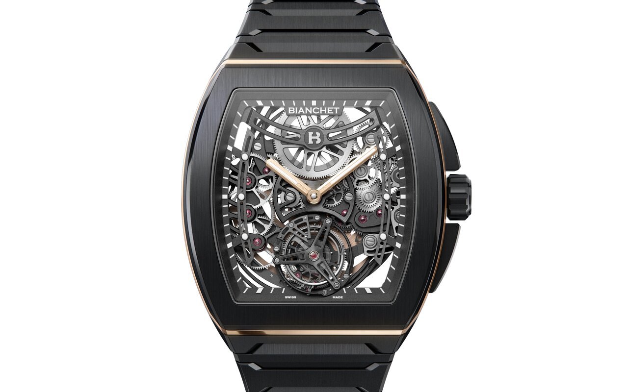 Montre Bianchet UltraFino Tonneau à boîtier tonneau en céramique noire et mouvement squeletté, barillet visible en haut du cadran et tourbillon volant en bas