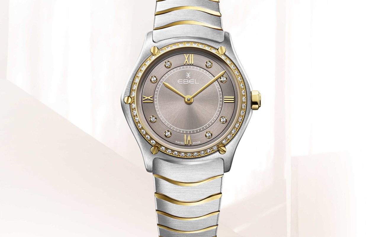 Montre Ebel Sport Classic bicolore acier et or, lunette sertie de diamants, cadran taupe et bracelet à maillons vagues