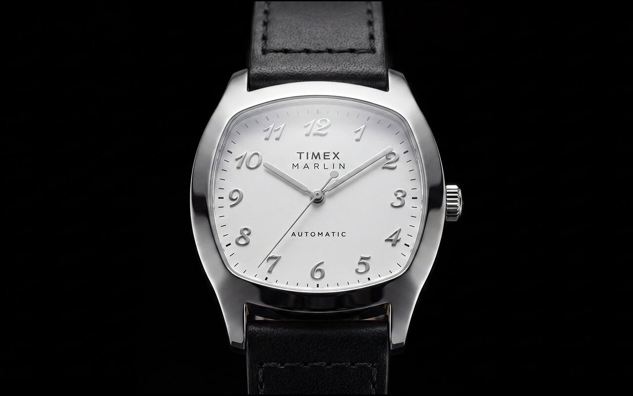 Montre Timex Marlin Chatham Automatic à boîtier coussin en acier poli, cadran blanc à chiffres Breguet et bracelet en cuir noir