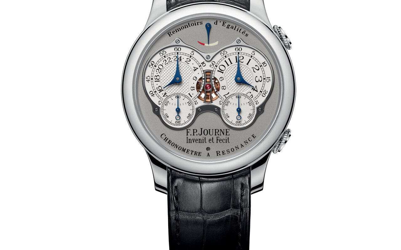 Montre F.P. Journe Chronomètre à Résonance en platine, cadran gris avec deux sous-cadrans argentés côte à côte, aiguilles bleues et bracelet en alligator noir