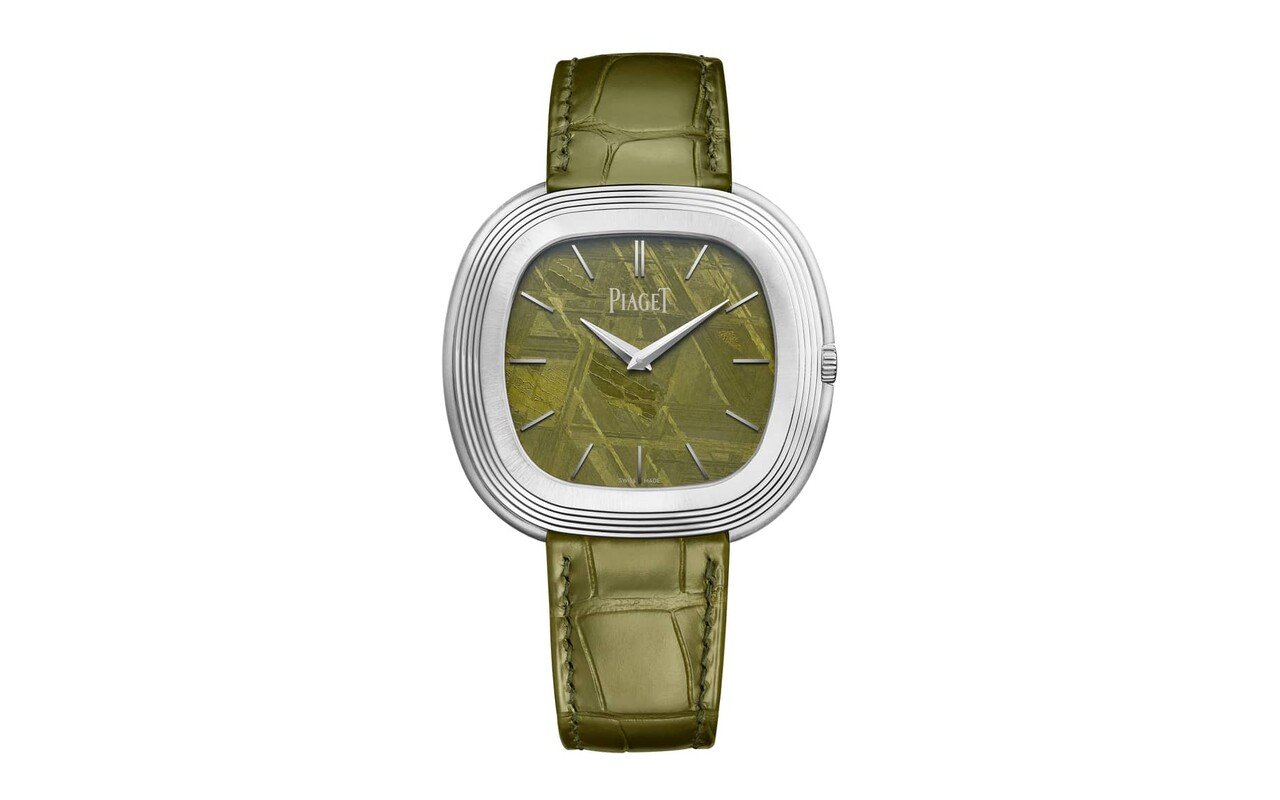 Montre Piaget Andy Warhol à boîtier coussin en or blanc à gradins, cadran en météorite verte et bracelet en alligator vert