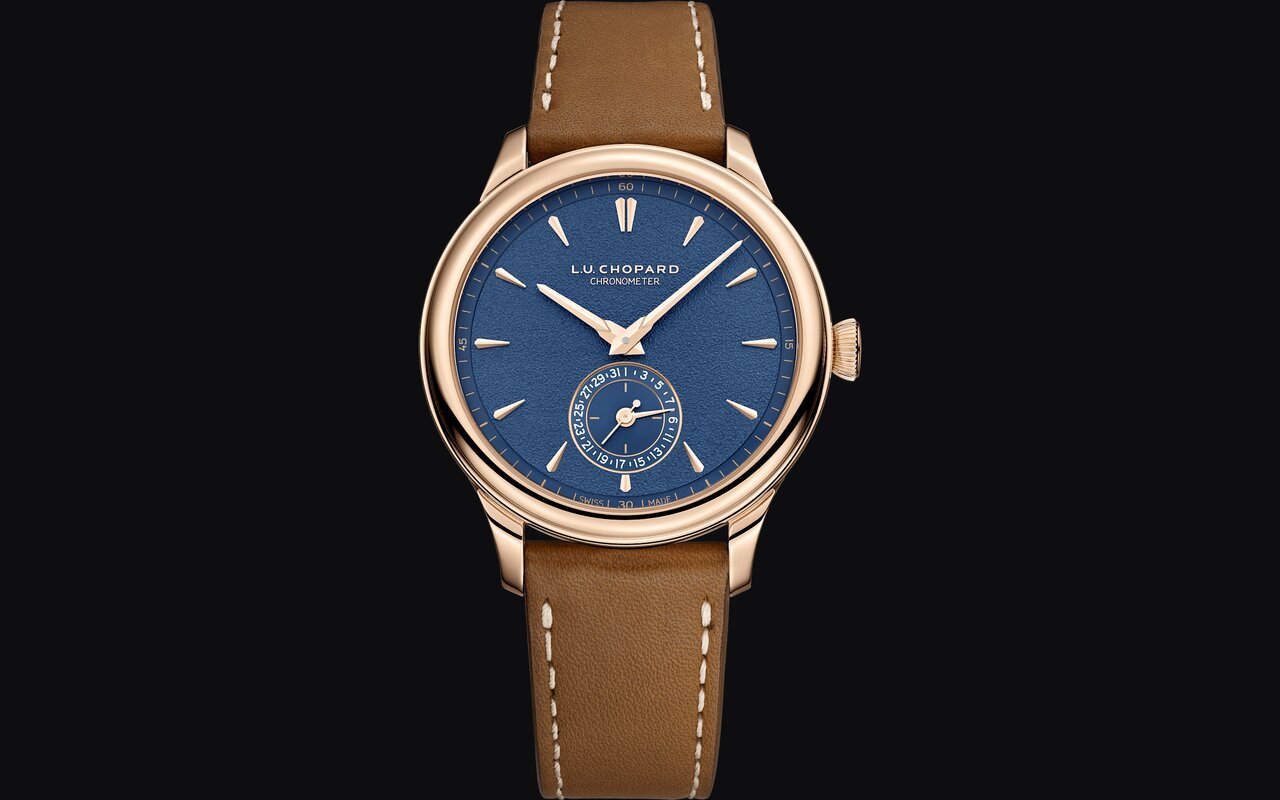 Montre Chopard L.U.C Quattro Mark IV, boîtier en or rose, cadran bleu mat, sous-cadran à 6 heures et bracelet en cuir clair