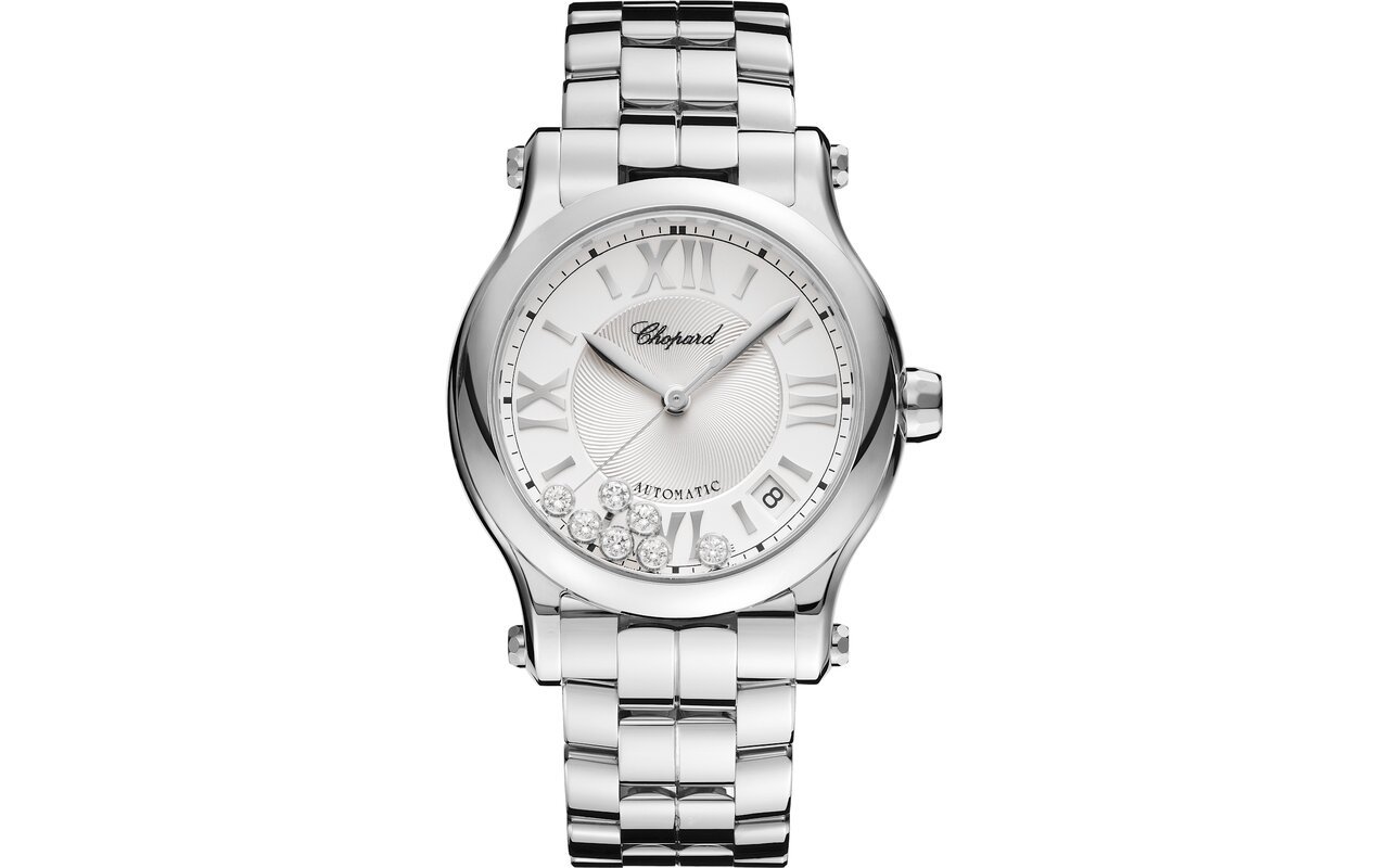 Montre Chopard Happy Sport de 36 mm en acier, cadran argenté à chiffres romains, sept diamants mobiles au-dessus du cadran et bracelet acier à maillons
