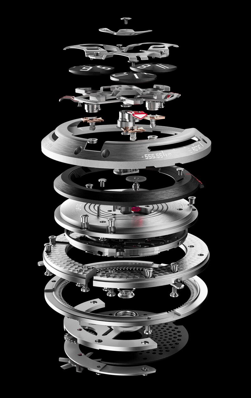 Vue éclatée d'un mouvement Urwerk montrant de haut en bas le carrousel des heures satellites, ses cubes numérotés, les platines et le système de remontage